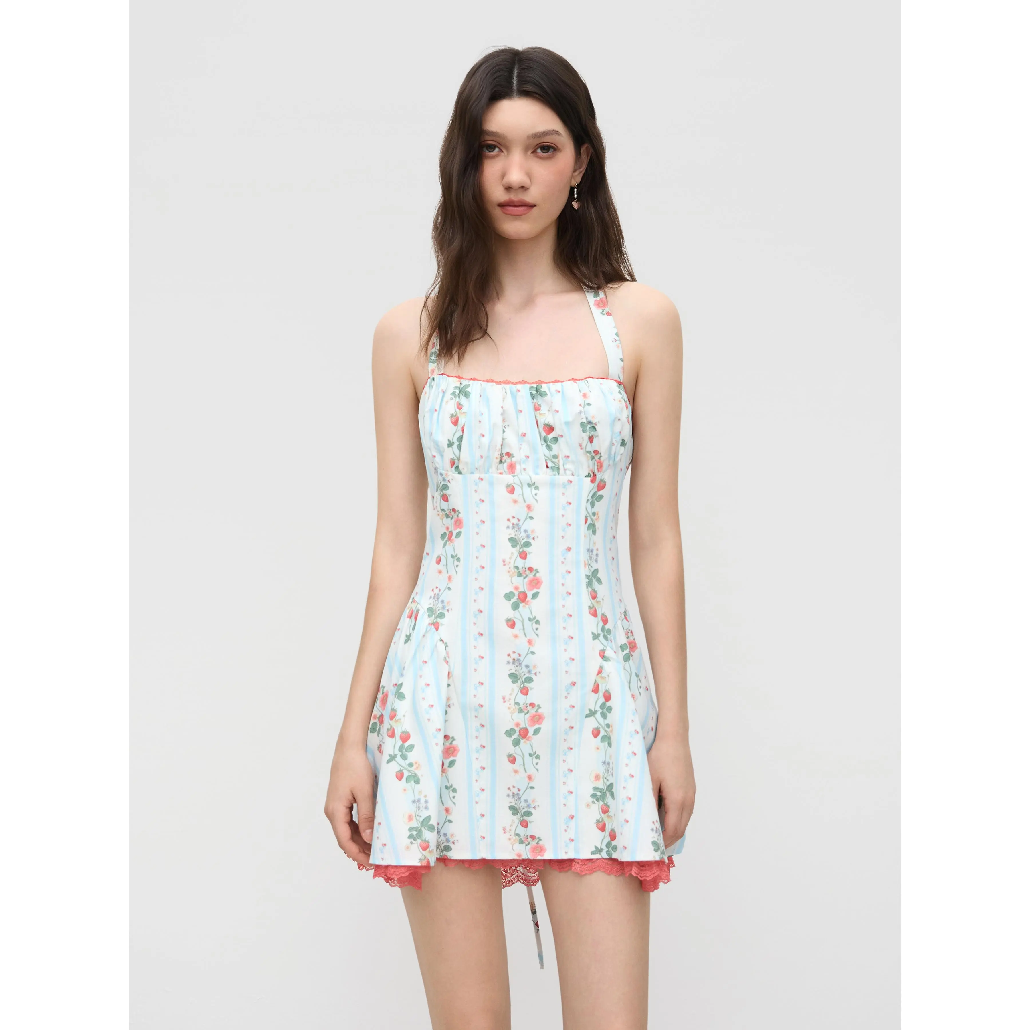 Cider [size 0-10] Linen-blend Halter Neckline Strawberry Floral Lace Up  Ruffle Mini Dress SwimWeek - TikTok Shop