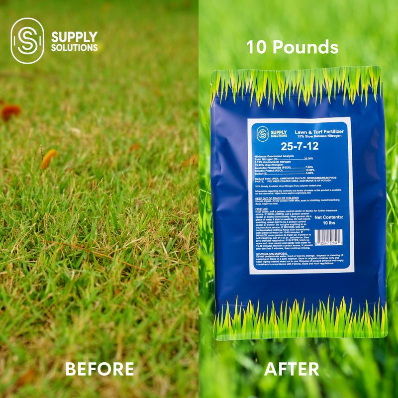Supply Solutions 25-7-12 Lawn & Turf Fertilizer 15% Slow Release Nitrogen for All Grass Types 10lbs Covers 1250 sq ft Easy Application