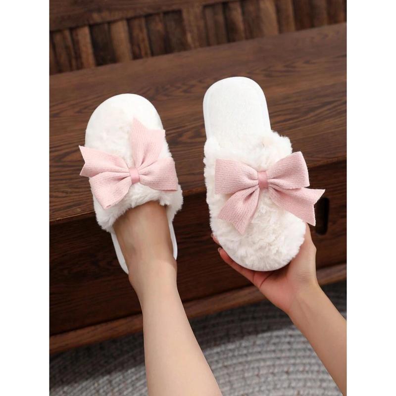 Women's Cute Bow Knot Slippers, Fall & Winter Cartoon Thick Sole Comfortable Cotton Shoes, Sweet Style Home Wear, Plush Upper Material, Slippers Indoor