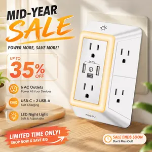 [Bundle Savings] POWRUI Quick Change Plug Surge Protector w/ Night Light 3 USB & 6 AC Outlets, ETL Safety Electrical for iPhone Samsung PS5 Cameras