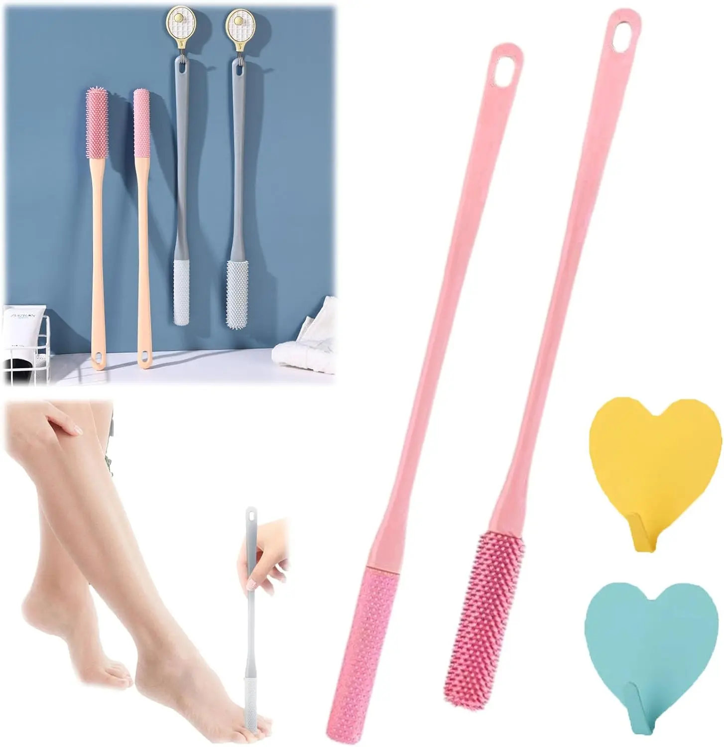 1-Set Silicone Toe Gap Cleanser Brush with Hook - Long-Handle Smooth Shower Bath Foot Scrubber, Soft Feet Care Tool for Seniors, Men and Women, Shower Brush