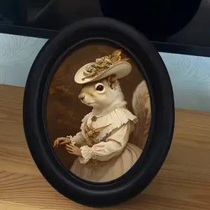 Gothic Victorian Mini Squirrel Oval Picture Frame, Rustic Animal Art Farmhouse Wall Decor, 6.8x8.7 Inches, Desktop Ornament, Home Decoration