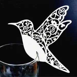 Wedding White Hollow Out Bird Place Cards, Cup Cards, Wine Glass Decor Wish Cards
