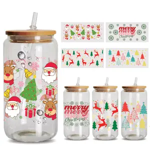 4PCS Merry Christmas Santa Claus UV DTF Cup Wrap Transfer Stickers for Glass, Cup Rub on Transfers for Crafting Cup Decal Stickers for 16OZ Glass Cups Furniture Craft Wood DIY Crafts