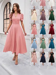 2026Women's Plain Ruched Puff Sleeve V Neck Fitted A Line Dress, Elegant Short Sleeve Zipper Back Long Dress for Party Holiday Wedding Guest, Ladies Clothes for Summer, Chic Shortsleeve Womenswear