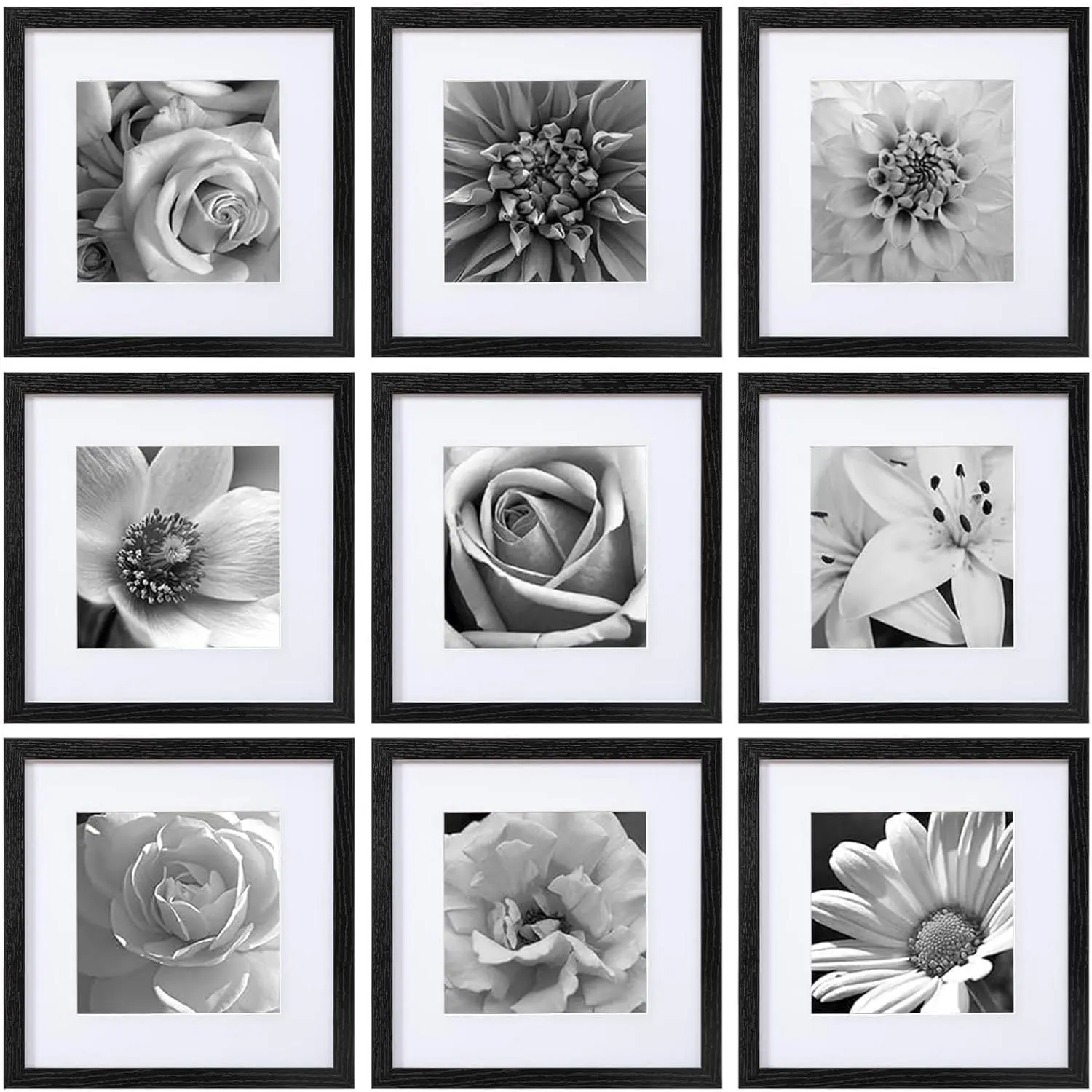 Black 12x12 Acrylic Photo Frames Set of 9, Classic Lightweight Wood-Steel Gallery Frames, Hanging Square Collage Wall Decor, Displays 8x8 Print with Mat or 12x12 Without Mat for Home Use