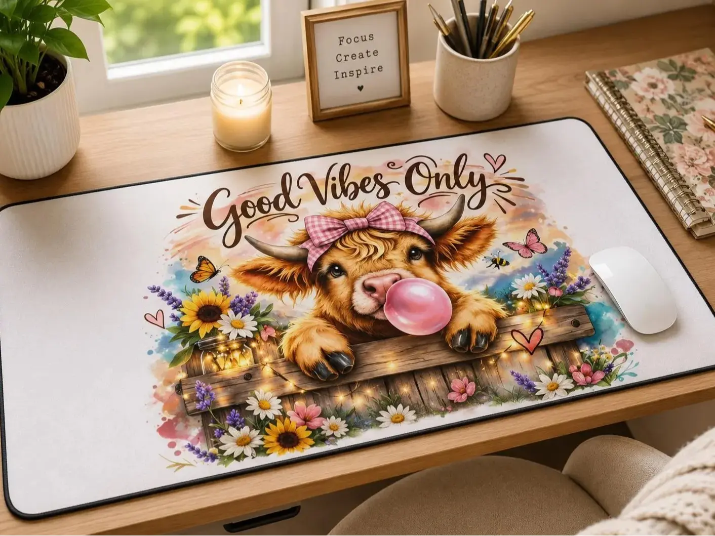 Highland Cow Desk Mat Good Vibes Only, Cute Cow Mouse Pad, Long Gaming Desk Pad, Farmhouse Office Decor