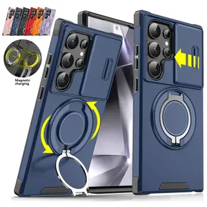 For Samsung Galaxy S26 Ultra Plus Shockproof Magnetic Case with Slide Camera Lens Protector For S25/S24/S23/S22/S21 Ultra Plus Rotating Ring Holder Black TPU+PC Armor Casing