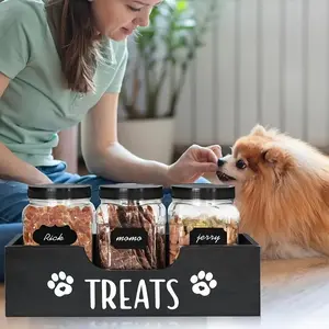 Wooden Pet Snack Box with 3 Counts Clear Jar, 1 Set Farmhouse Style Pet Snack Storage Box, Durable Pet Snack Organizer for Dog & Cat Food Storage