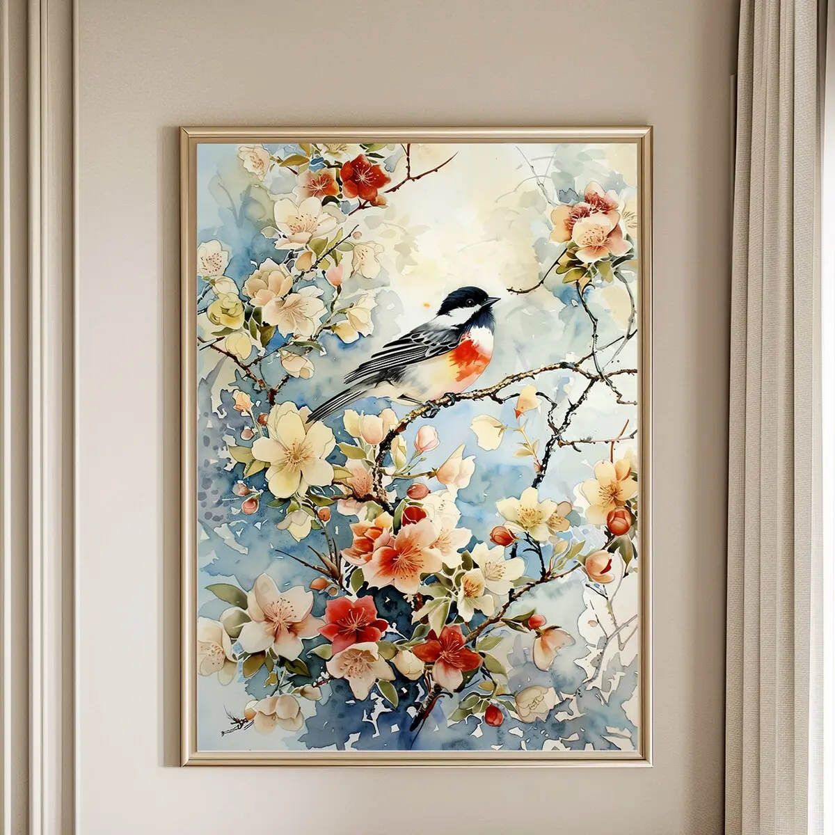 Chinoiserie Flower and Bird Wall Art – Oriental Style Poster, Chinese Floral and Bird Artwork, Vintage Chinoiserie, Unframe | 5 size, 8x12 to 27x40 inch