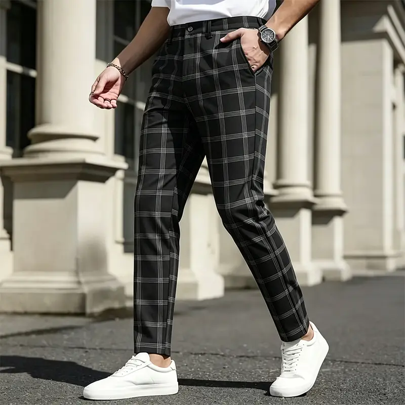Men's Checkered Plaid Slim-Fit Stretch Dress Pants, Straight Leg Button Closure Bottoms for Business, Wedding Wear