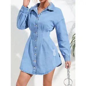Distressed Button Up Long Sleeve Denim Dress