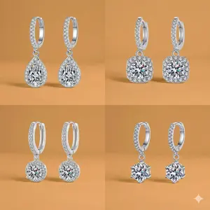 Sparkly Minimal Sparkly Stud Earrings Set, 4 Pairs, Diamond-Like Shine, 925 Silver Plated, Hypoallergenic Everyday Wear