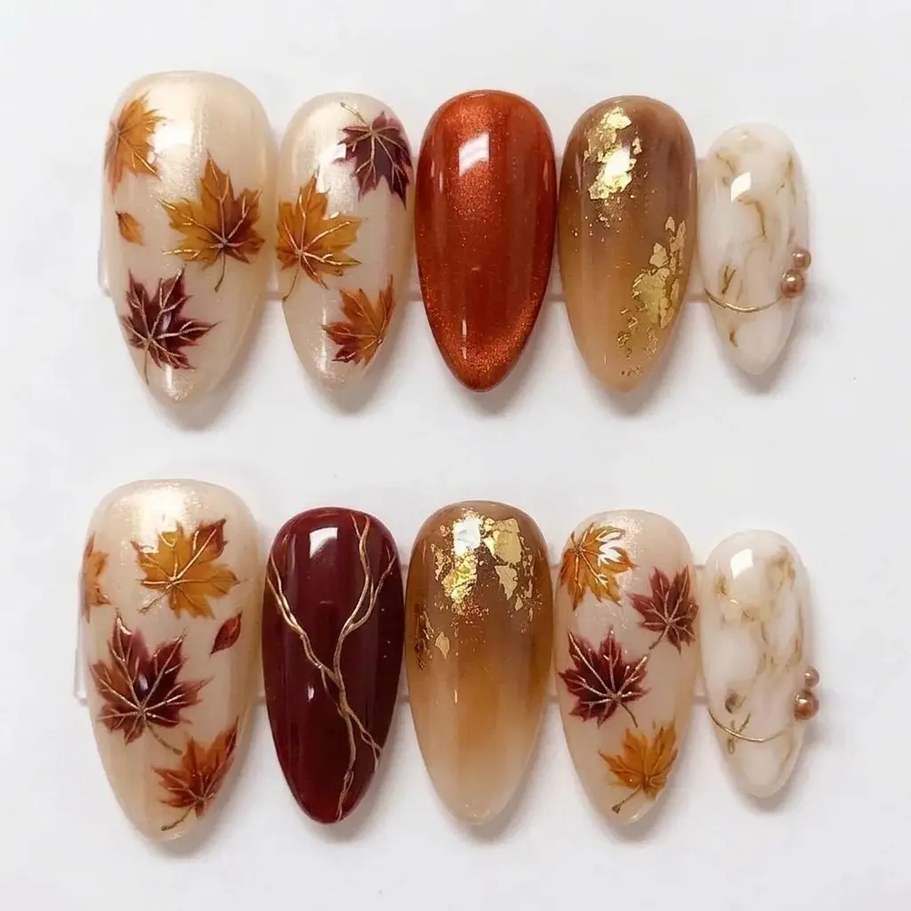 Cozy Medium Almond Press-On Nails, Burgundy Gradient Tips, Gold Foil Marble Accents, Autumn Maple Leaf Art, Handmade Reusable Nail Set for Fall
