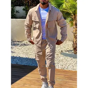Men's Casual Two-Piece Set, Basic Style, Beige Work Jacket And Jogger Pants Combo With Multiple Pockets, Comfort Fit, For Spring Fall Winter