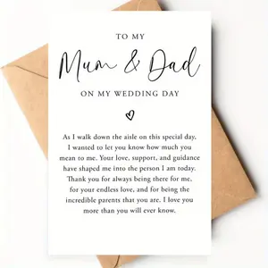 1 PIECE "To My Mum & Dad On My Wedding Day" Card, Greeting card – cursive typography + heartfelt, gratitude-filled message, Minimalist design, sturdy quality + kraft envelope. Timeless gift to honor parents on your big day – intimate