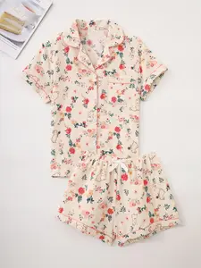 Women's Floral & Rabbit Print Shirt & Shorts Pyjama Two-Piece Set, Casual Comfy Short Sleeve Collared Top & Shorts PJ Set, Ladies Summer Sleepwear, Loungewear, Pajamas