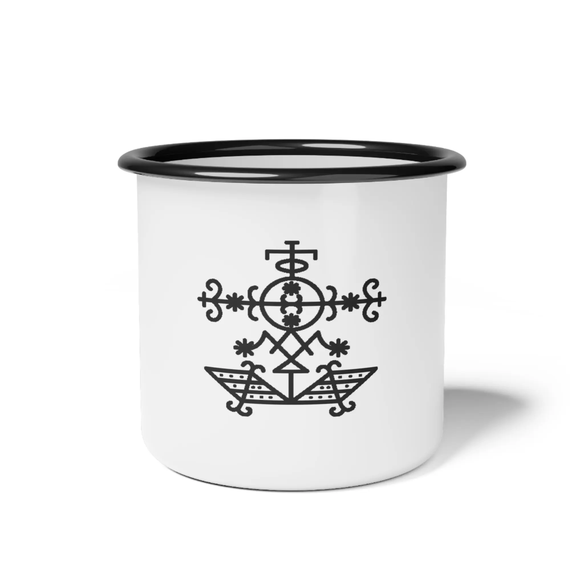 Simbi Dlo Vèvè Enamel Cup with Unique Design, Perfect for Camping, Hiking, Outdoor Adventures, Gifts for Nature Lovers, Eco-Friendly