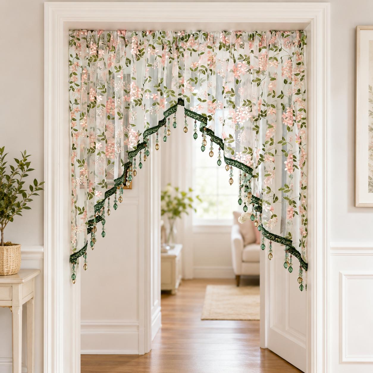 No-drill floral embroidered door curtains, beaded lace curtains perfect for renters' bedrooms, and room dividers that won't damage walls—all beautiful room decorations.