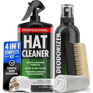 4-in-1 Professional Hat Cleaning Kit - Removes Dirt and Stains, Gentle Hat Cleaner for Baseball Caps, Fitted Cowboy, & Felt Hats, Complete Hat Cleaner with Hat Deodorizer, Brush & Microfiber Cloth