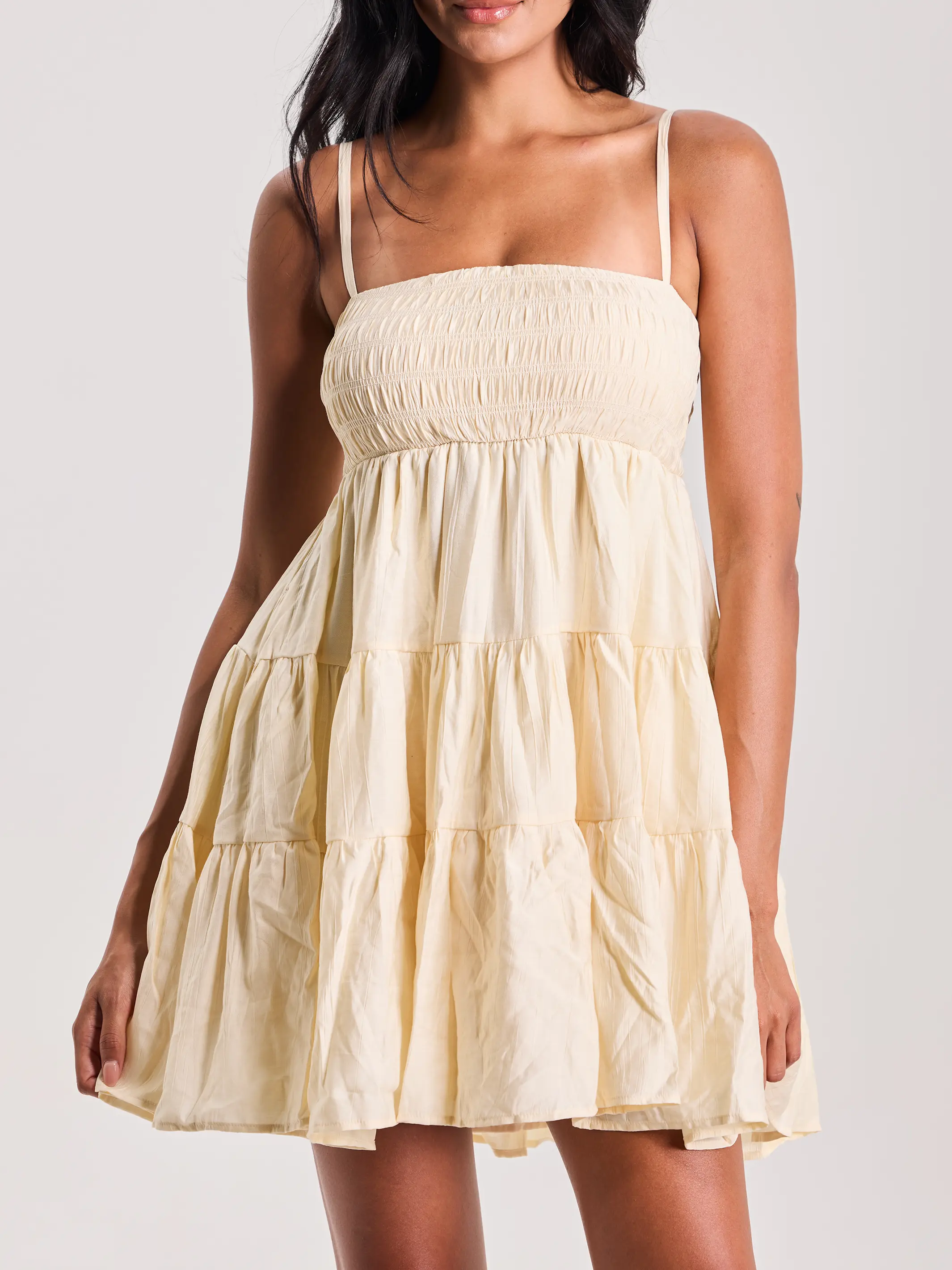 klassy Tiered Mini Brami Dress - Sleeveless Boho Summer Dress with Square Neckline & Adjustable Straps - Casual Crinkle Fabric