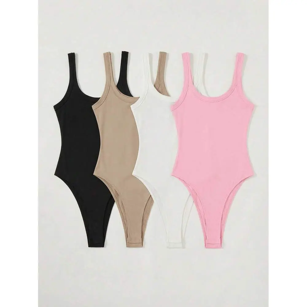 4pcs/Set Casual Solid Color Knit Bodysuit For Women Plain Bodysuit Bodysuits For Teens Yoga Bodysuit Bodysuits For Women Basics