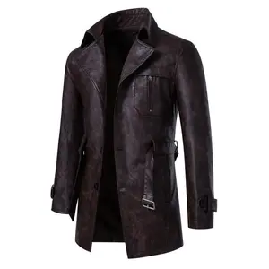 Men's Heavyweight Fashion Mid-Length Leather Jacket Genuine Leather Belt Single-Breasted Business Small Pocket Water-Resistant Windbreaker Jacket