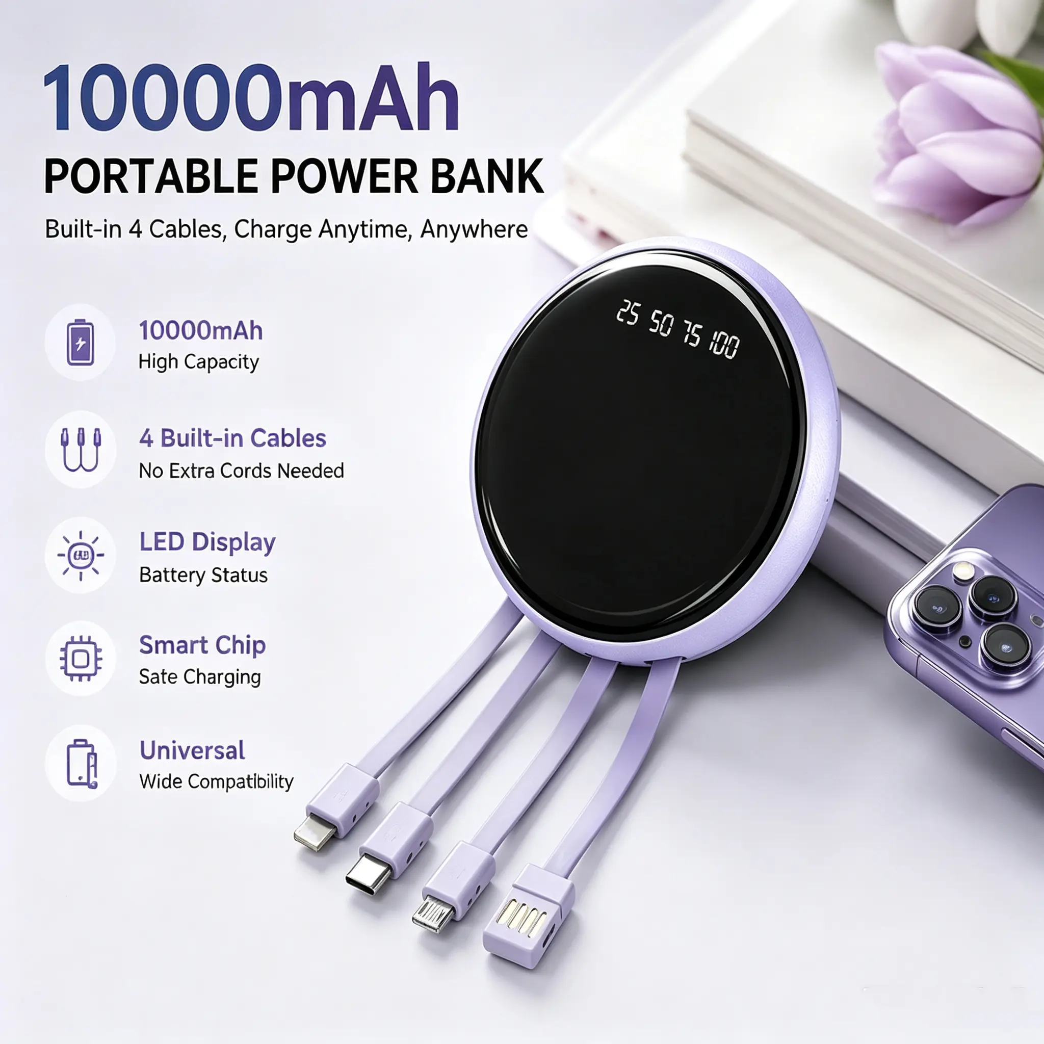 10000mAh Built‑in 4 Cables Portable Power Bank | LED Digital Display Fast Charging External Battery Pack For iPhone Android Travel