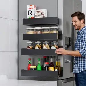 Magnetic storage basket with hooks, refrigerator, coffee machine, washing machine, wall mounted storage rack, no need for drilling, rust proof metal material, space saving design, multifunctional storage rack (4/2PC), Black fridge organizer