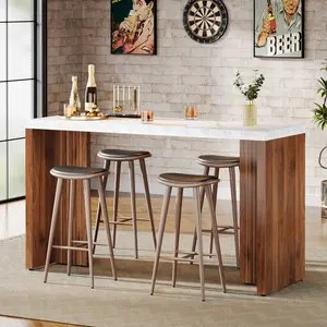 LITTLE TREE  Home Bar Unit, 55.12-Inch Bar Table with a Faux Marble Finished Tabletop, Modern Freestanding Mini Bar for Home Kitchen, Living Room, Balcony, Basement, Walnut & White