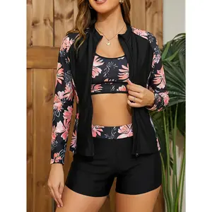 3-piece swimsuit set for women, long-sleeved two-piece sports competition swimsuit, tropical pattern print, high-elastic polyester fabric, zipper detail, suitable for beach and sports