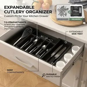 Expandable Kitchen Drawer Cutlery Organizer, Adjustable Matte Black Silverware Tray with Deep Non-Slip Compartments, Customizable Space-Saving Solution for Utensils and Kitchen Gadgets