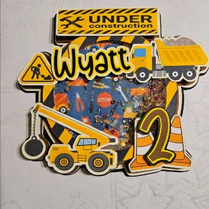 Construction Cake Topper Shaker With Construction Trucks and Signs and Confetti to Shake - Add Name and Age
