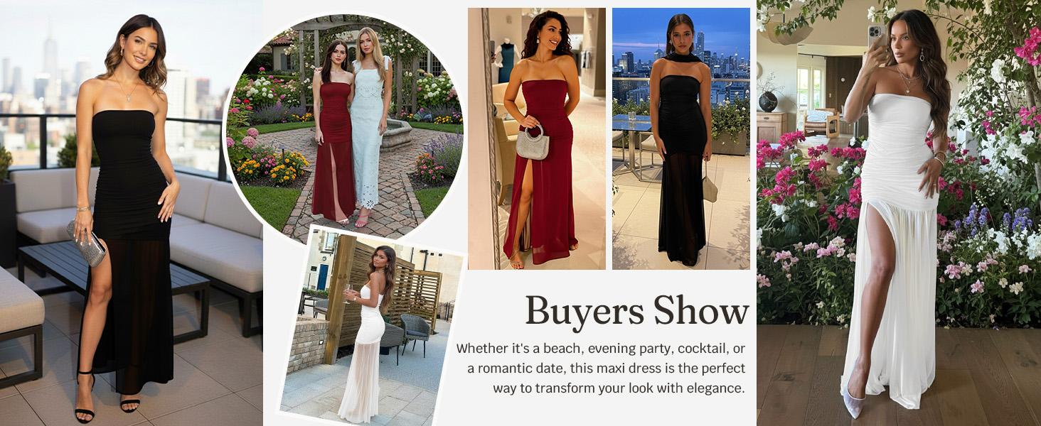 Wenrine Women's Summer Tube Top Dress Strapless Mesh Sexy Ruched Patchwork High Slit Long Cocktail Party Maxi Dresses