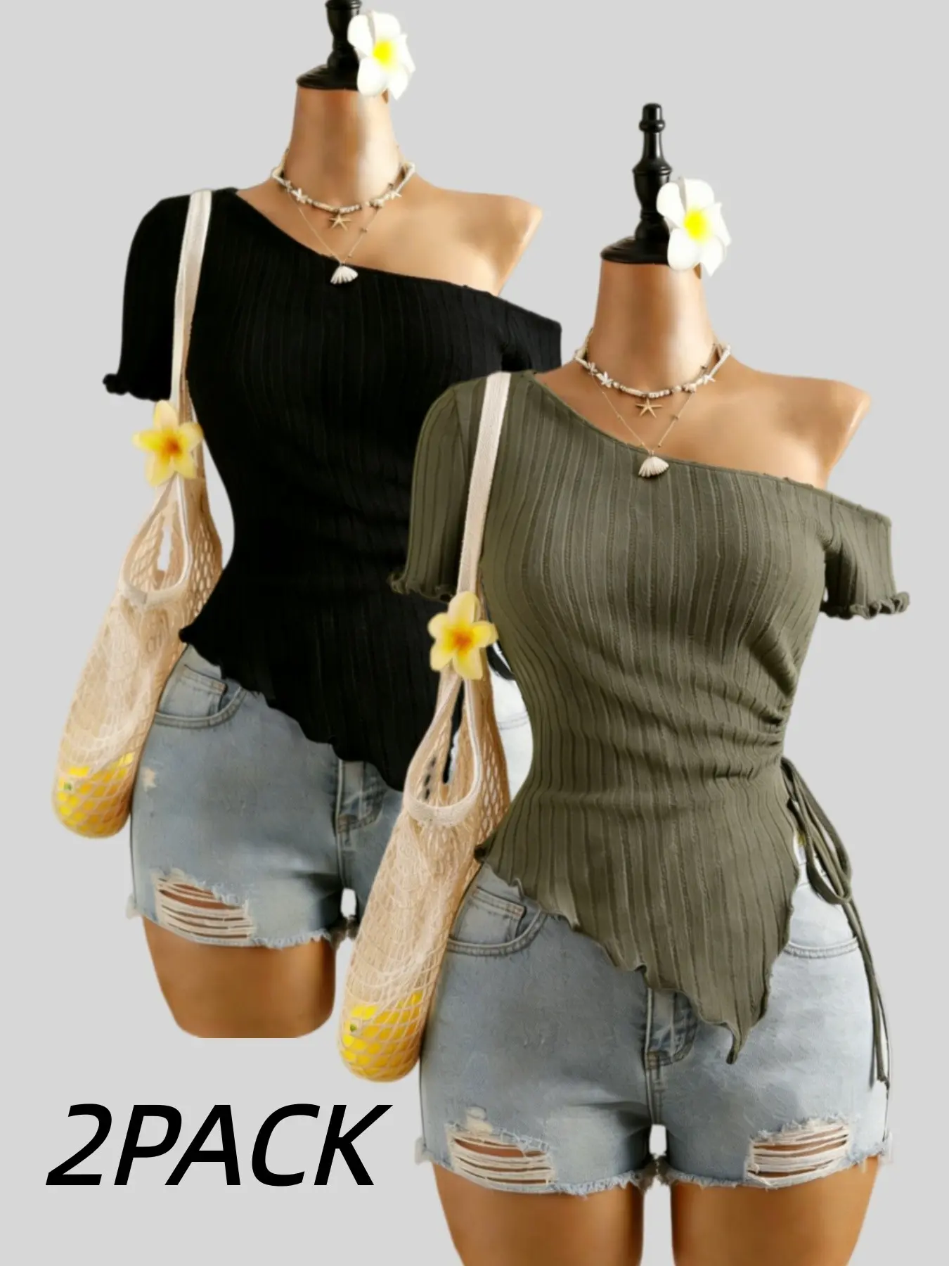 Fashion Asymmetrical Off-Shoulder Top, Women's Ribbed Knit Ruffle Hem Side Tie Short T-Shirt Set, Casual Slim-Fitting Two-Piece Ruffled Feminine