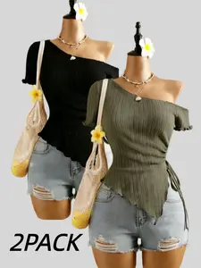 Fashion Asymmetrical Off-Shoulder Top, Women's Ribbed Knit Ruffle Hem Side Tie Short T-Shirt Set, Casual Slim-Fitting Two-Piece Ruffled