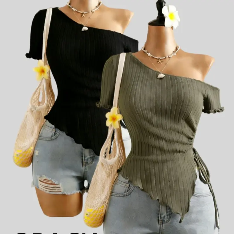 Fashion Off-Shoulder Top, Women's Ribbed Knit Ruffle Hem Side Tie Short T-Shirt Set, Casual Slim-Fitting Two-Piece Ruffled Feminine, Casual Trendy Versatile