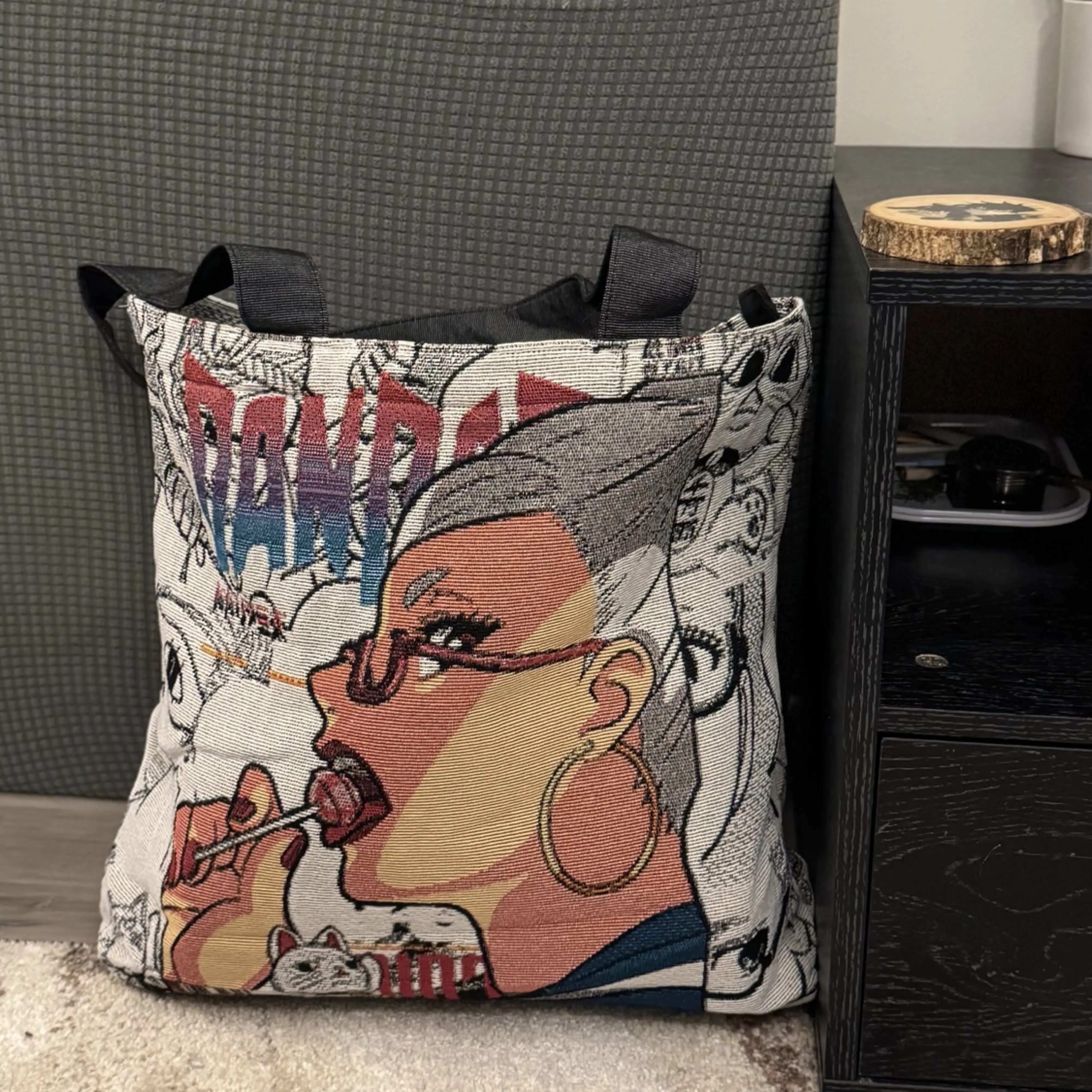 Anime Woven Tapestry Tote Bag 15x15 Handwoven with Inside Pocket & Laces Closure One Compartment Zipper