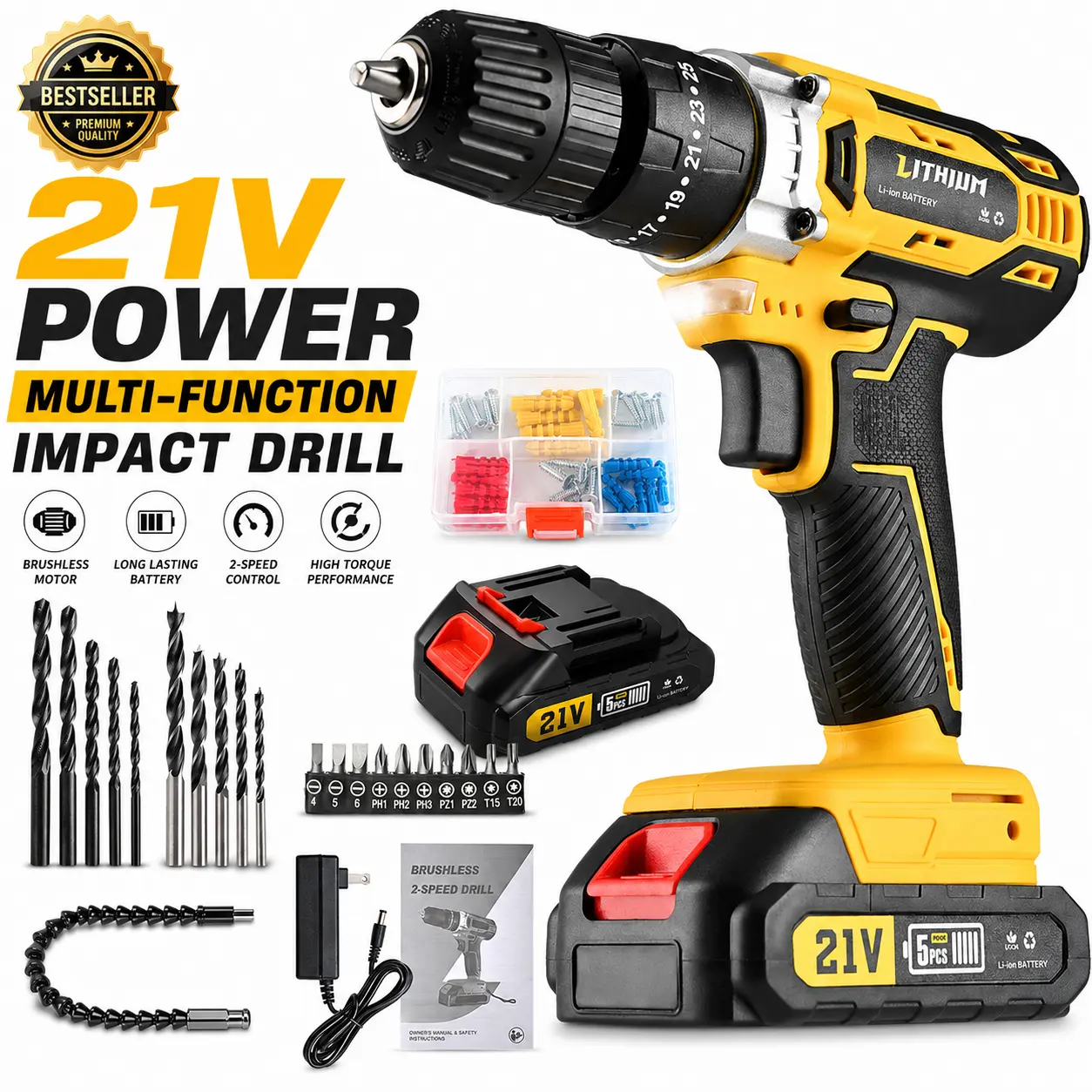 21V Brushless Cordless Impact Drill Driver Kit with 2 Batteries, Charger, 25+1 Torque Settings, 2-Speed Control, LED Light, Drill Bits and Flexible Shaft for Home DIY, Furniture Assembly and Wall Drilling