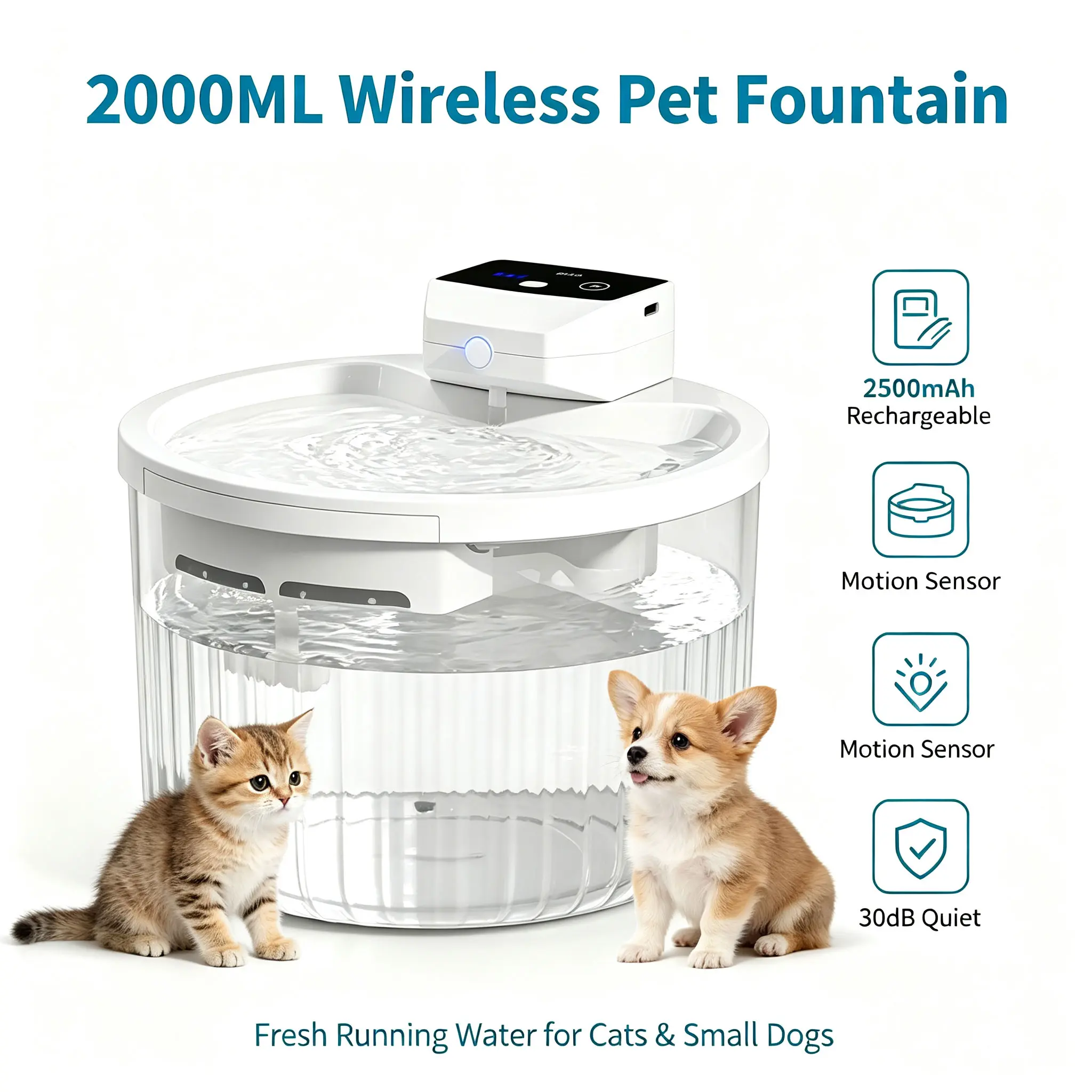 2000ML Wireless Pet Running Water Bowl - 2500mAh Rechargeable, Motion Sensor Circulating Running Water Bottle for Kittens, Post-Op Nutrition Support, Travel Feeding