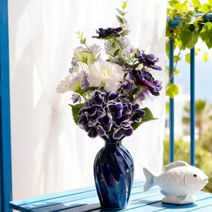 Verdeora Artificial Flower Arrangement with Blue Fish-Tail Shaped Ceramic Vase, Purple and White Hydrangea Rose Mix, Decorative Floral Centerpiece