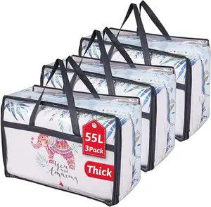 3 Pack Clear Clothes Storage Bags – 55L Vinyl Organizers with Reinforced Handles & Dual Zippers