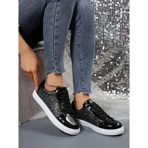Women’s fashionable glitter sequin lace-up low-top sneakers—casual, comfortable sports shoes for daily wear; versatile round-toe women’s shoes suitable for everyday use.