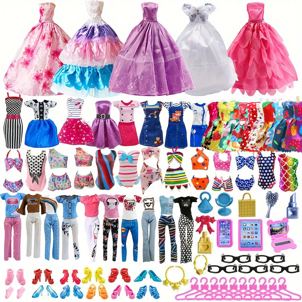 11.5-Inch Unisex Doll Costume Variety Pack (53 Pieces) - 5 Outfits, 3 Dresses, 3 Bikinis, 5 Glasses, 10 Shoes, 10 Hangers, Cosmetics for Role-Playing Birthday Gifting