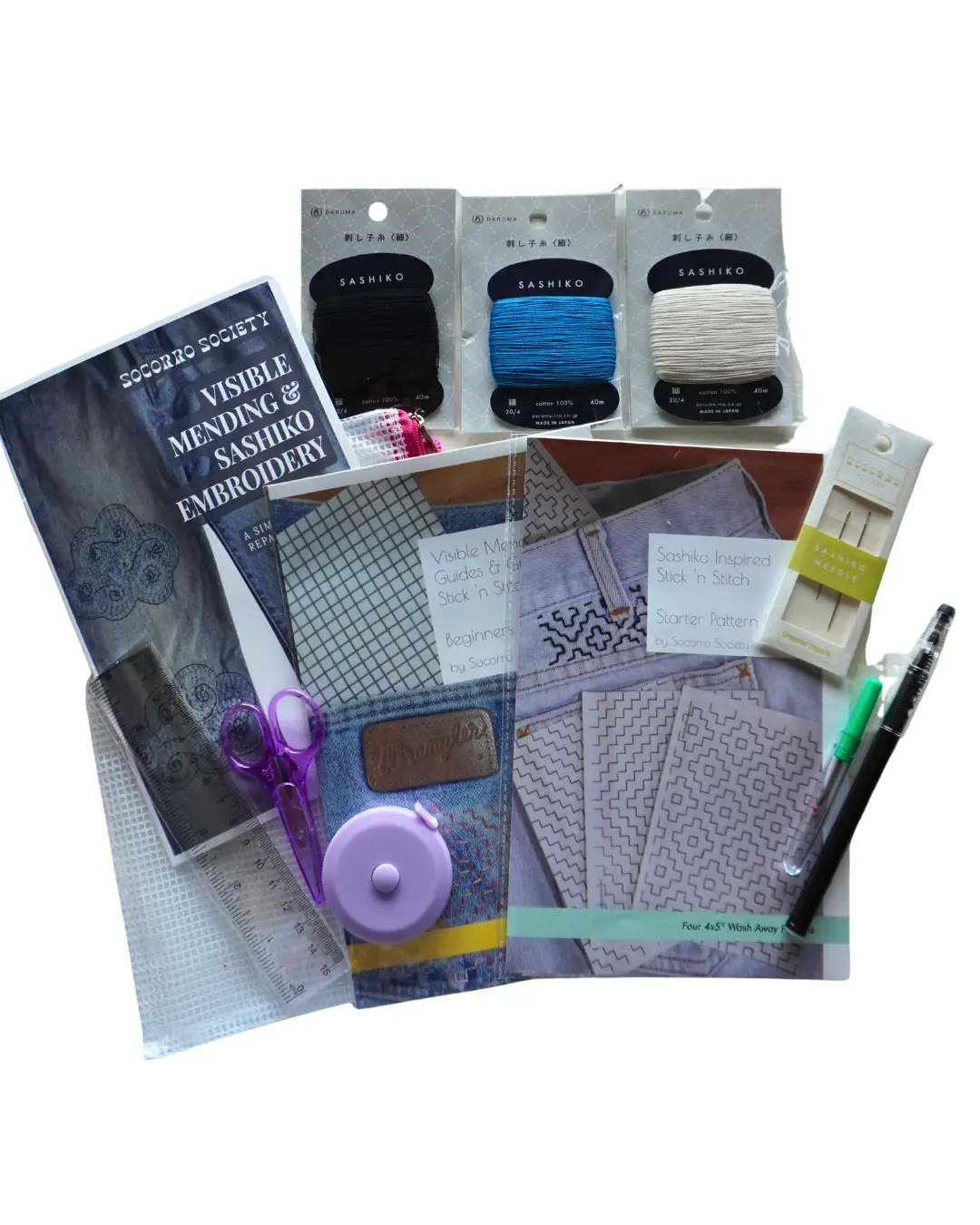 Socorro Society Beginner's Visible Mending Kit, Including Sashiko Embroidery Booklet and Sewing Tools