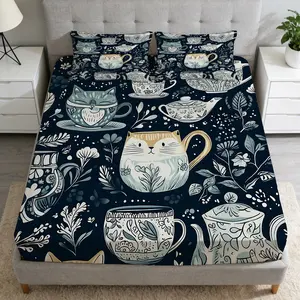 2/3 Pcs Cat Tea Set Pattern Fitted Sheet Set(1*Fitted Sheet +1/2*Pillowcase,No Filling),High-Definition Digital Printing,Soft And Comfortable Fabric,Suitable For All Year Round,Perfect Gift For Family And Friends On Festivals!