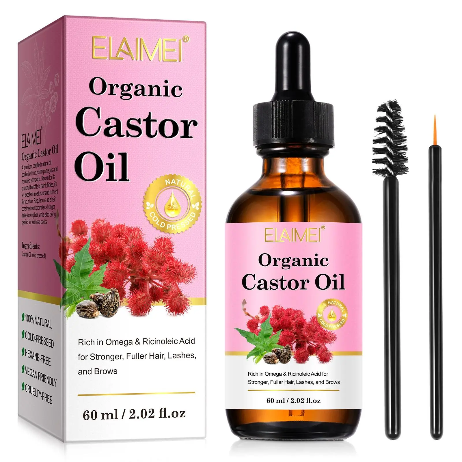 ELAIMEI Castor Oil 60ML, Organic Haircare, Rich in Vitamin E and Omega-6 Fatty Acids, Deeply Nourishes Skin, Stimulates Hair Growth, Reduces Dandruff