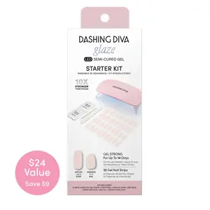Dashing Diva Between the Sheets Glaze Starter Kit –  Nude Pink LED Semi-Cured Gel Nail Strips, Salon Manicure Set with Mini LED Lamp