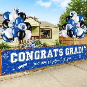 37Pcs Graduation Banner Balloon Decorations Class of 2026 Congrats Grad Yard Outdoor Decor Set for High School College Graduation Party Supplies Blue