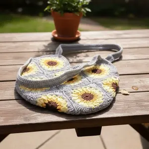 Crochet Sunflower Bag - Handmade Gray & Yellow Floral Design for Everyday Use